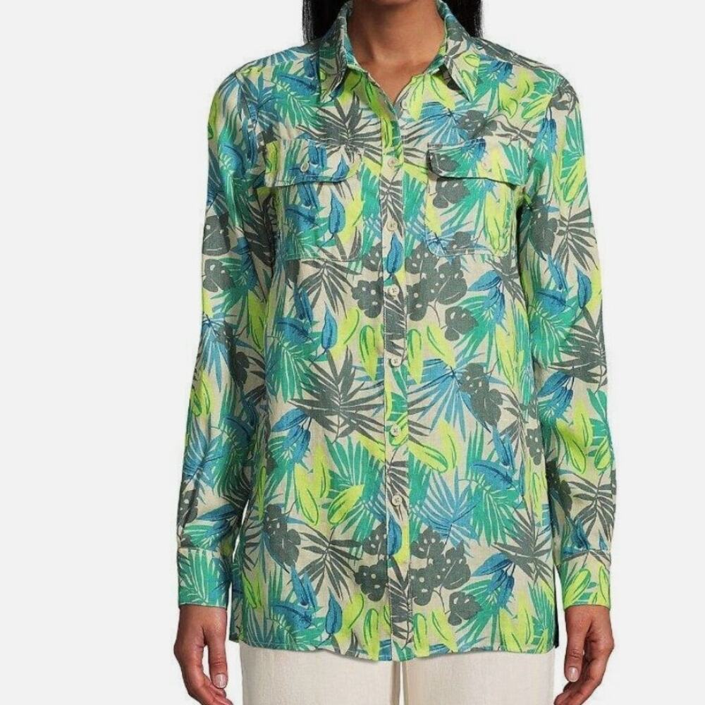 LANDS' END 100% Linen Tropical Print Button Down Roll-Tab Sleeve Shirt - 1X